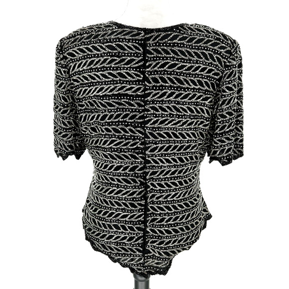 Laurence Kazar Top Plus Size 2X XXL Black Silk Blouse Silver Beads Vintage - Picture 2 of 13